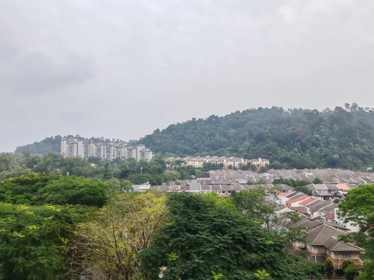Exterior features: view of hillside, residential buildings in the foreground, dense greenery, cloudy sky, multi-storey buildings in the background.